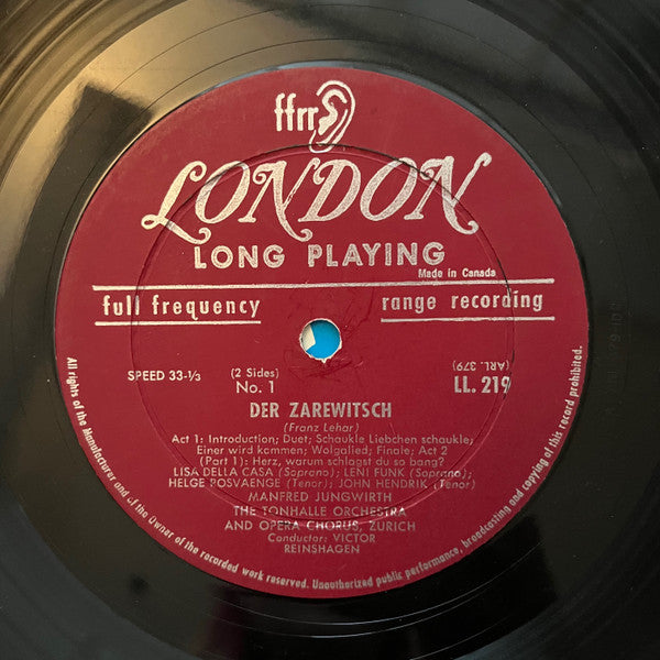 Franz Lehár, Helge Roswaenge, Lisa Della Casa, Leni Funk, John Hendrik, Tonhalle-Orchester Zürich And Chor der Oper Zürich Conducted By Victor Reinshagen : Der Zarewitsch (LP, Album, Mono)