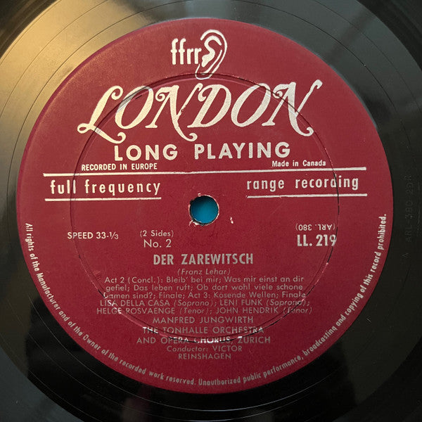 Franz Lehár, Helge Roswaenge, Lisa Della Casa, Leni Funk, John Hendrik, Tonhalle-Orchester Zürich And Chor der Oper Zürich Conducted By Victor Reinshagen : Der Zarewitsch (LP, Album, Mono)