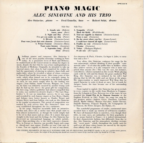 Alec Siniavine And His Trio : Piano Magic (10", Album)