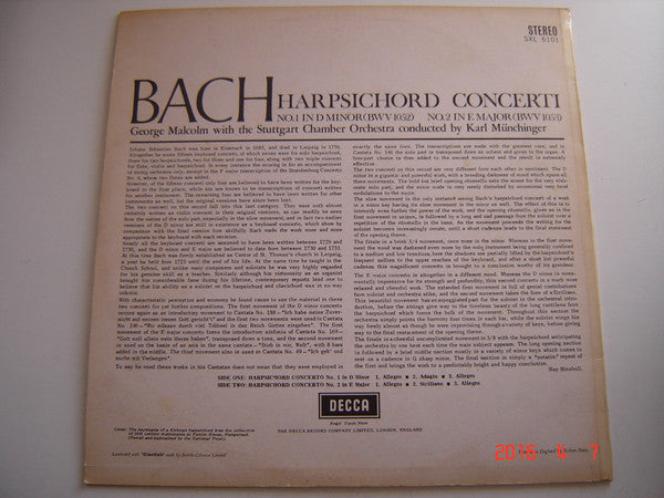 Johann Sebastian Bach, George Malcolm, Stuttgarter Kammerorchester, Karl Münchinger : Harpsichord Concerti Nos.1 & 2 (LP, RP)