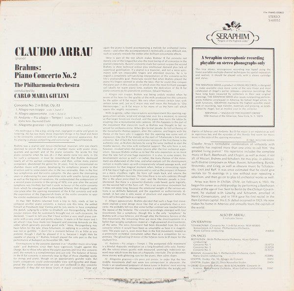 Claudio Arrau, Johannes Brahms, Philharmonia Orchestra, Carlo Maria Giulini : Piano Concerto No. 2 In B Flat (LP, Album)