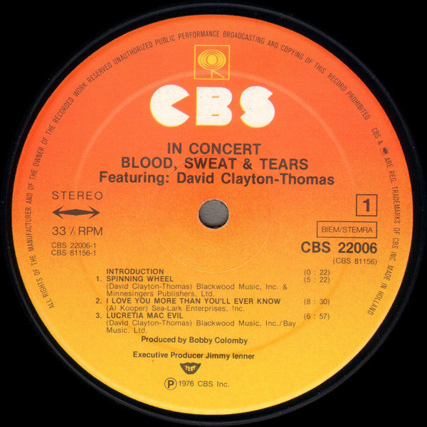 Blood, Sweat And Tears Featuring David Clayton-Thomas : In Concert (2xLP, Album)