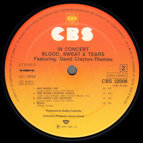 Blood, Sweat And Tears Featuring David Clayton-Thomas : In Concert (2xLP, Album)