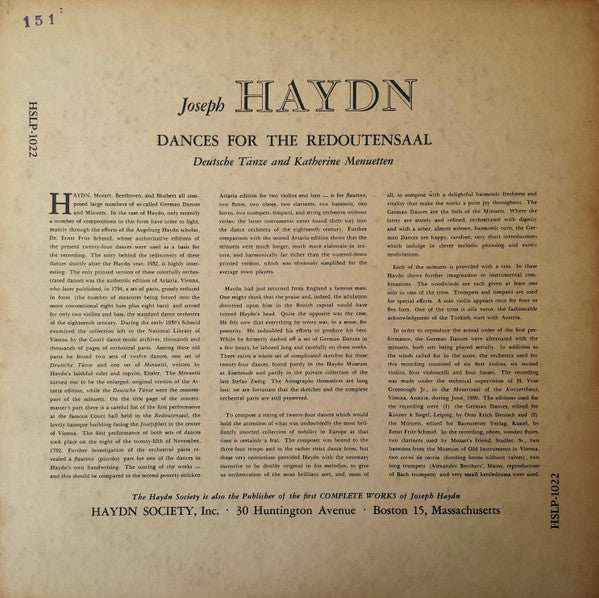 Joseph Haydn, Orchester Der Wiener Staatsoper, Hans Gillesberger : Dances For The Redoutensaal (12 Deutsche Tänze & 12 Katherine Menuetten) (LP)