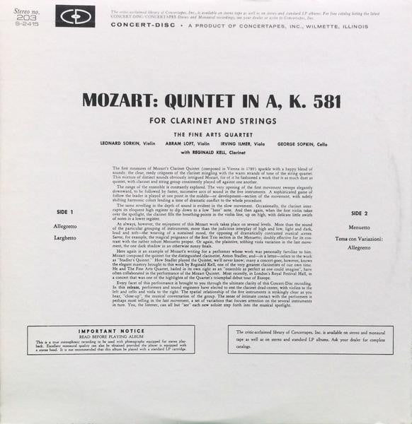 Wolfgang Amadeus Mozart - The Fine Arts Quartet And Reginald Kell : Quintet For Clarinet And Strings In A Major, K. 581 (LP)