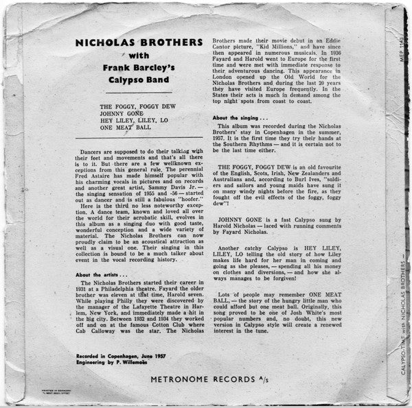The Nicholas Brothers with Frank Barcley : Calypso Time (7", EP)
