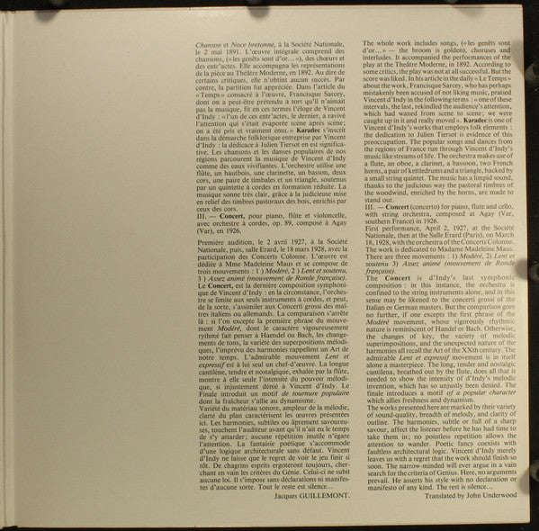 Vincent d'Indy, Orchestre De Chambre Jean-François Paillard, Jean-François Paillard : Concert Op. 89, Suite En Re Op. 24, Kardec Op.34 (LP)