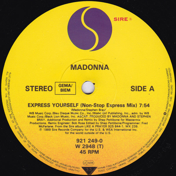 Madonna : Express Yourself (12", Maxi)