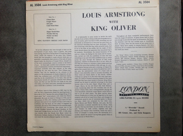 King Oliver's Creole Jazz Band : Louis Armstrong With King Oliver (10", Comp)