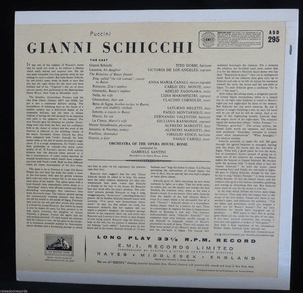 Giacomo Puccini - Tito Gobbi, Victoria De Los Angeles, Orchestra Del Teatro Dell'Opera Di Roma, Gabriele Santini (2) : Gianni Schicchi (LP)