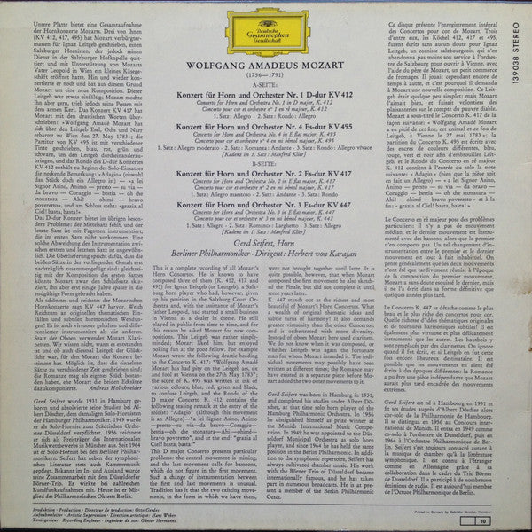 Wolfgang Amadeus Mozart, Berliner Philharmoniker, Gerd Seifert, Herbert Von Karajan : Mozart: The Four Horn Concertos (LP)