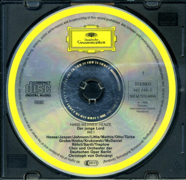 Hans Werner Henze - Edith Mathis •  Donald Grobe •  Barry McDaniel •  Patricia Johnson (3) •  Loren Driscoll •  Chor der Deutschen Oper Berlin Und Orchester Der Deutschen Oper Berlin •  Christoph von Dohnányi : Der Junge Lord (2xCD, RE, RM)