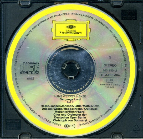 Hans Werner Henze - Edith Mathis •  Donald Grobe •  Barry McDaniel •  Patricia Johnson (3) •  Loren Driscoll •  Chor der Deutschen Oper Berlin Und Orchester Der Deutschen Oper Berlin •  Christoph von Dohnányi : Der Junge Lord (2xCD, RE, RM)