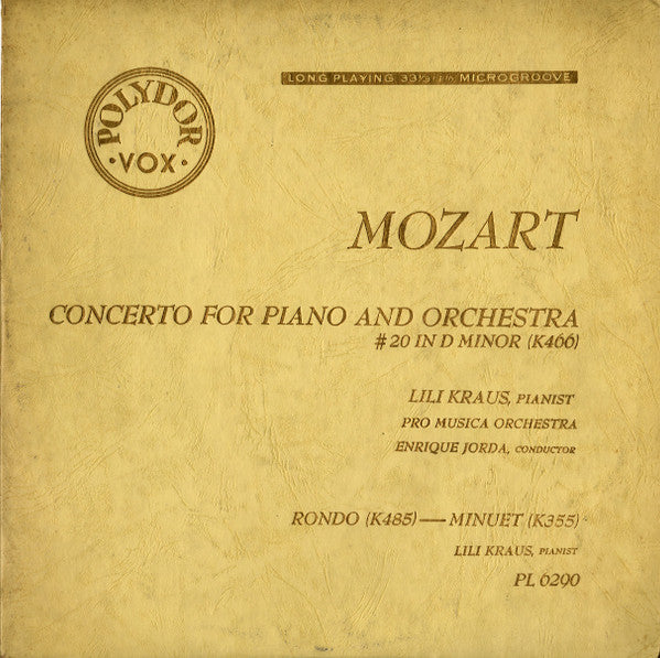 Wolfgang Amadeus Mozart, Lili Kraus : Concerto For Piano And Orchestra #20 In D Minor (K. 466) (LP, Mono)