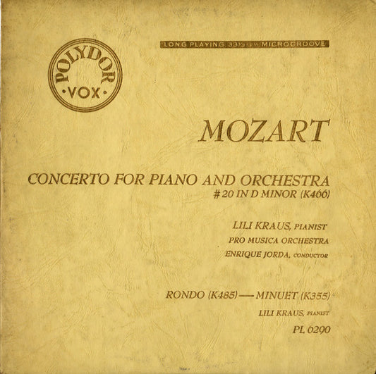 Wolfgang Amadeus Mozart, Lili Kraus : Concerto For Piano And Orchestra #20 In D Minor (K. 466) (LP, Mono)