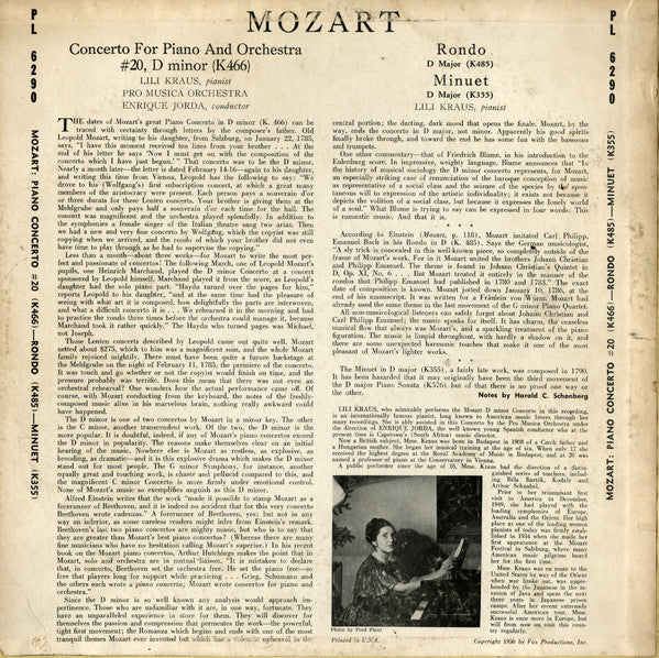 Wolfgang Amadeus Mozart, Lili Kraus : Concerto For Piano And Orchestra #20 In D Minor (K. 466) (LP, Mono)