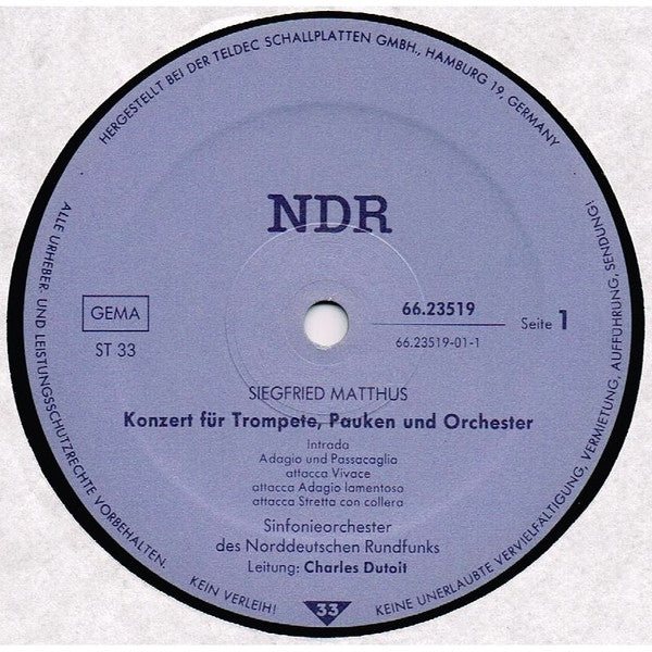 Siegfried Matthus / Wolfgang Amadeus Mozart, NDR Sinfonieorchester : Konzert Für Trompete Pauken Und Orchester / Klarinettenkonzert KV 622 (LP)