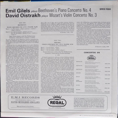 Ludwig van Beethoven, Wolfgang Amadeus Mozart, Emil Gilels, David Oistrach, Philharmonia Orchestra : Piano Concerto No. 4, Violin Concerto No. 3 (LP, Comp)