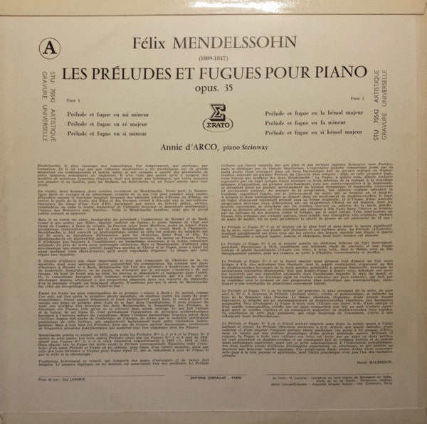 Felix Mendelssohn-Bartholdy, Annie d'Arco : Les Préludes & Fugues Pour Piano (LP)