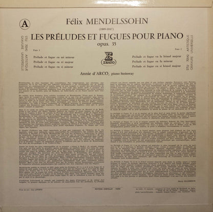 Felix Mendelssohn-Bartholdy, Annie d'Arco : Les Préludes & Fugues Pour Piano (LP)
