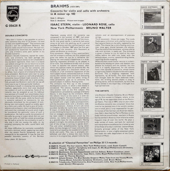 Bruno Walter, New York Philharmonic, Isaac Stern, Leonard Rose : Brahms-Double Concerto (Concerto For Violin And Cello) (10")