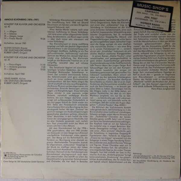 Arnold Schoenberg - Glenn Gould, Israel Baker, Robert Craft, CBC Symphony Orchestra : Konzert Für Klavier Und Orchester Op. 42 / Konzert Für Violine Und Orchester Op. 36 (LP, Comp)