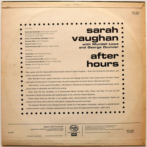 Sarah Vaughan With Mundell Lowe And George Duvivier : After Hours (LP, Album, RE)