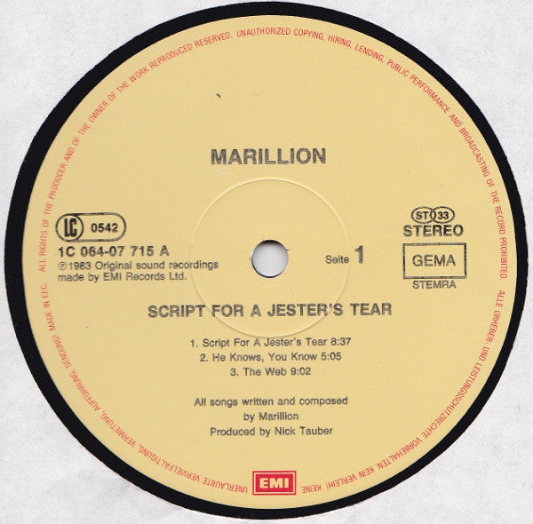 Marillion : Script For A Jester's Tear (LP, Album, Gat)