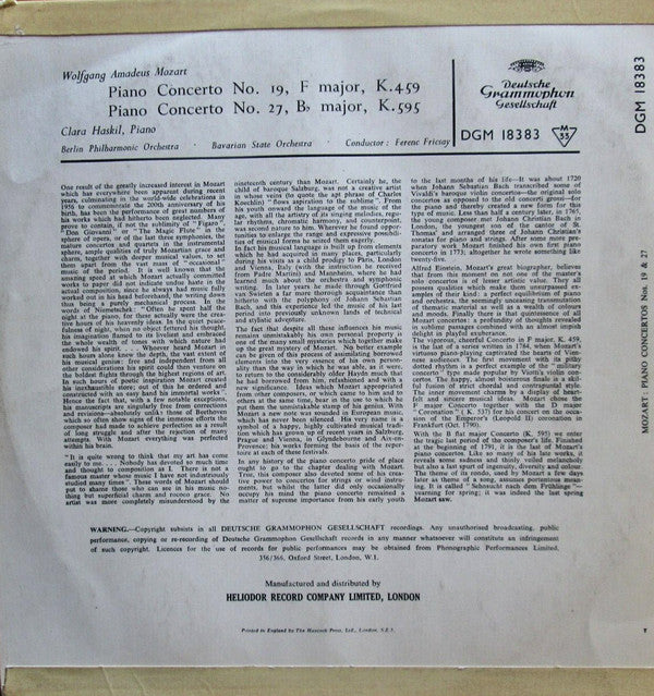 Wolfgang Amadeus Mozart, Clara Haskil, Berliner Philharmoniker, Bayerisches Staatsorchester, Ferenc Fricsay : Concerto For Piano And Orchestra No. 19, F Major, K.459 / Concerto For Piano And Orchestra No. 27, B Flat Major, K.595 (LP)