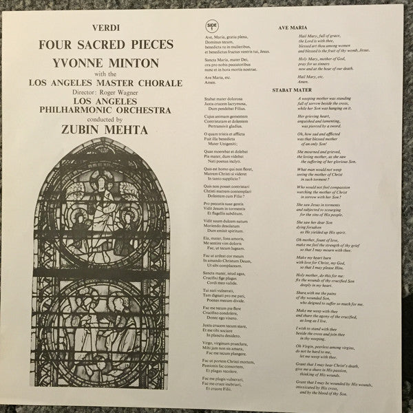 Giuseppe Verdi - Yvonne Minton, Los Angeles Master Chorale, Los Angeles Philharmonic Orchestra, Zubin Mehta : Four Sacred Pieces (LP)