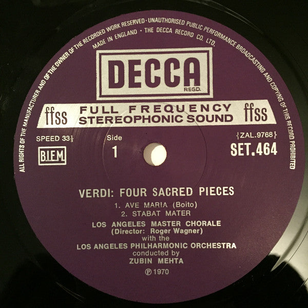 Giuseppe Verdi - Yvonne Minton, Los Angeles Master Chorale, Los Angeles Philharmonic Orchestra, Zubin Mehta : Four Sacred Pieces (LP)
