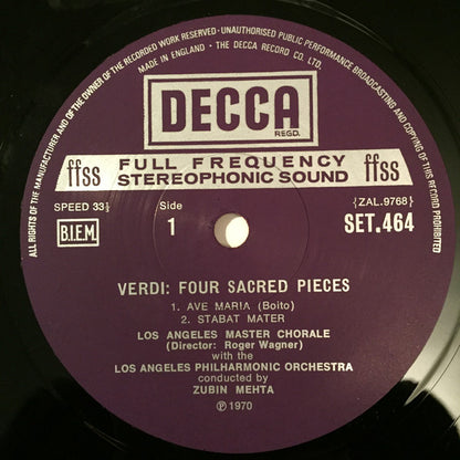 Giuseppe Verdi - Yvonne Minton, Los Angeles Master Chorale, Los Angeles Philharmonic Orchestra, Zubin Mehta : Four Sacred Pieces (LP)