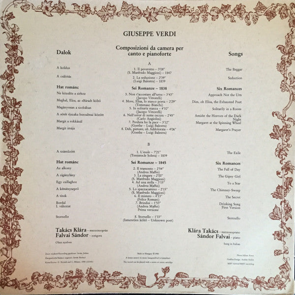 Giuseppe Verdi, Klára Takács, Sándor Falvai : Verdi Songs (LP, Gat)