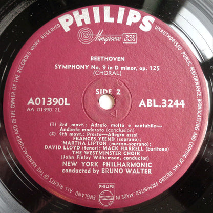 Ludwig van Beethoven - Frances Yeend, Martha Lipton, David Lloyd (3), Mack Harrell, Westminster Symphonic Choir, John Finley Williamson, Bruno Walter, New York Philharmonic : No. 9 In D Minor, Op. 125 'Choral' (LP, Mono)