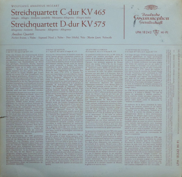 Wolfgang Amadeus Mozart, Amadeus-Quartett : Streichquartett C-dur KV 465 / Streichquartett D-dur KV 575 (LP, Mono)