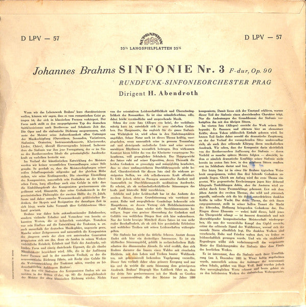 Johannes Brahms, Prague Radio Symphony Orchestra, Hermann Abendroth : Sinfonie Nr. 3 F-dur, Op. 90 (LP, Mono)