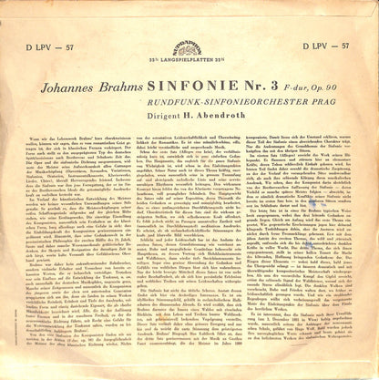 Johannes Brahms, Prague Radio Symphony Orchestra, Hermann Abendroth : Sinfonie Nr. 3 F-dur, Op. 90 (LP, Mono)