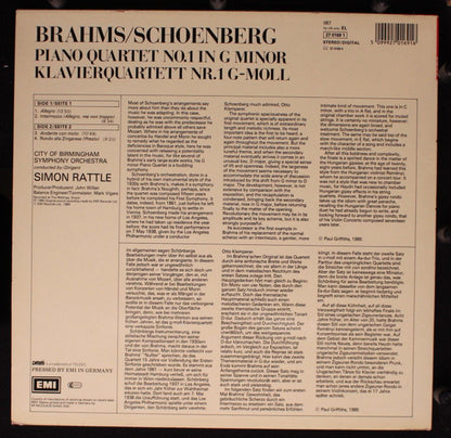 Johannes Brahms, Arnold Schoenberg, City of Birmingham Symphony Orchestra, Sir Simon Rattle : Piano Quartet No. 1 In G Minor = Klavierquartett Nr.1 G-Moll (LP)