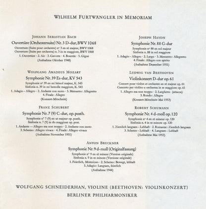 Wilhelm Furtwängler, Johann Sebastian Bach, Joseph Haydn, Wolfgang Amadeus Mozart, Ludwig van Beethoven, Franz Schubert, Robert Schumann, Anton Bruckner : In Memoriam  (6xLP, Mono + Box, Comp)