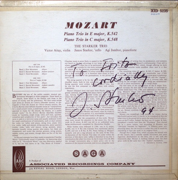 Wolfgang Amadeus Mozart, The Starker Trio : Piano Trios No3 In E Major K542, No4 C Major K548 (LP, Mono)