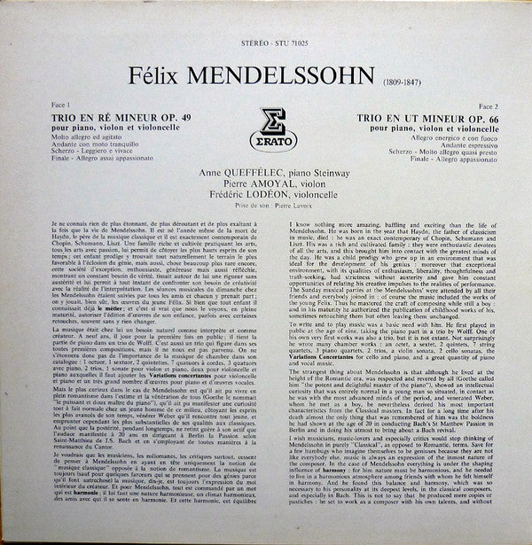 Felix Mendelssohn-Bartholdy, Anne Queffélec, Pierre Amoyal, Frédéric Lodéon : Les Deux Trios Pour Piano, Violon & Violoncelle (LP, Album, Gat)