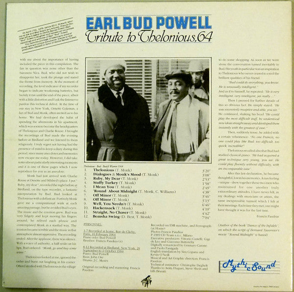 Bud Powell : Tribute To Thelonious, 64 (LP, Album, RM, Gat)