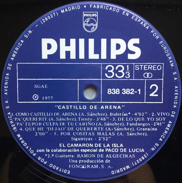 El Camarón De La Isla Con La Colaboración Especial De Paco De Lucía : Castillo De Arena (LP, Album, RE)
