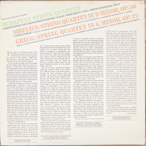 Jean Sibelius / Edvard Grieg - Budapest String Quartet : Quartet In D Minor, Op. 56 (Voces Intimae) / Quartet In G Minor, Op. 27 (LP, Mono, RE)