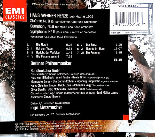 Hans Werner Henze – Berliner Philharmoniker, Rundfunkchor Berlin, Gerd Müller-Lorenz, Ingo Metzmacher : Sinfonia N. 9 (CD, Album, Sli)