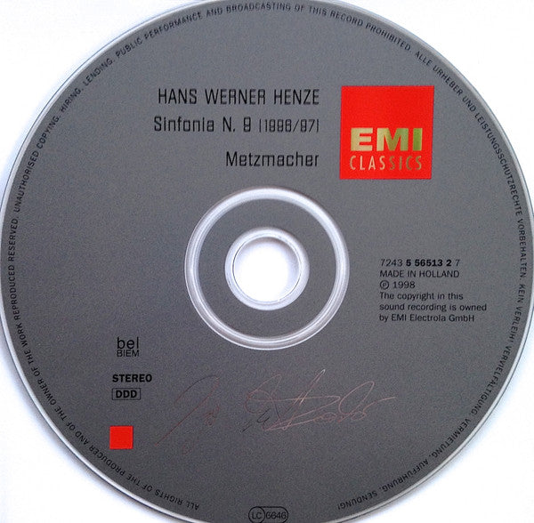 Hans Werner Henze – Berliner Philharmoniker, Rundfunkchor Berlin, Gerd Müller-Lorenz, Ingo Metzmacher : Sinfonia N. 9 (CD, Album, Sli)