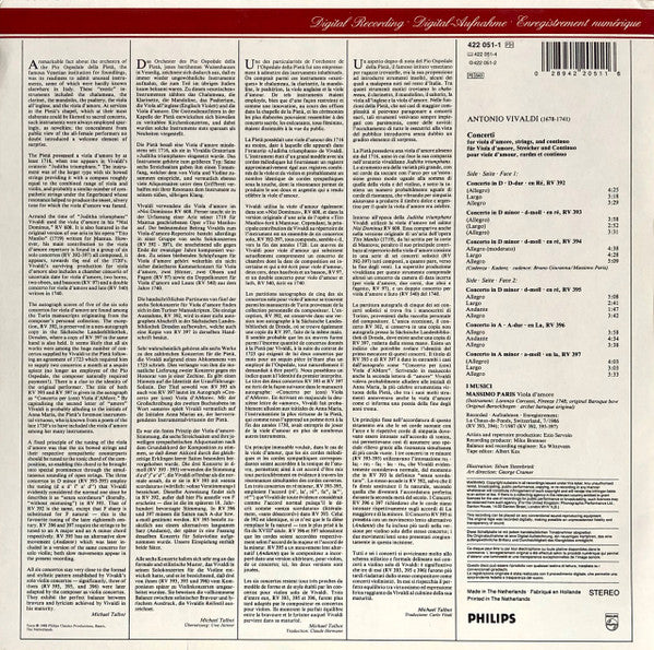 Antonio Vivaldi, I Musici, Massimo Paris : I Concerti Per Viola D'Amore (LP)