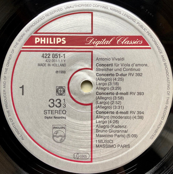 Antonio Vivaldi, I Musici, Massimo Paris : I Concerti Per Viola D'Amore (LP)