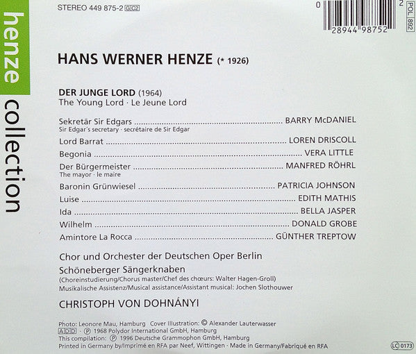 Hans Werner Henze – Edith Mathis · Donald Grobe · Barry McDaniel · Patricia Johnson (3) · Loren Driscoll · Chor der Deutschen Oper Berlin Und Orchester Der Deutschen Oper Berlin · Christoph von Dohnányi : Der Junge Lord (2xCD, RE, RM)