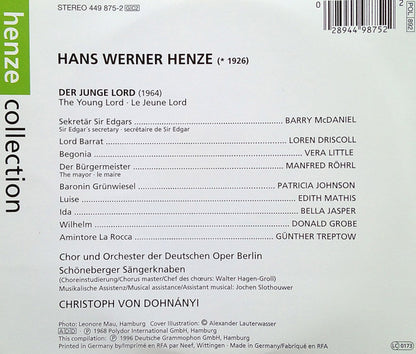 Hans Werner Henze – Edith Mathis · Donald Grobe · Barry McDaniel · Patricia Johnson (3) · Loren Driscoll · Chor der Deutschen Oper Berlin Und Orchester Der Deutschen Oper Berlin · Christoph von Dohnányi : Der Junge Lord (2xCD, RE, RM)